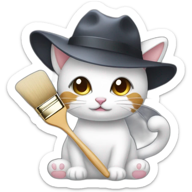 Kawaii cat artist in hat holding palette and brush so it can be used as a mouse cursor sticker