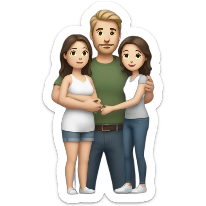 white brun man and brunette woman with a fat gray cat in their arms sticker