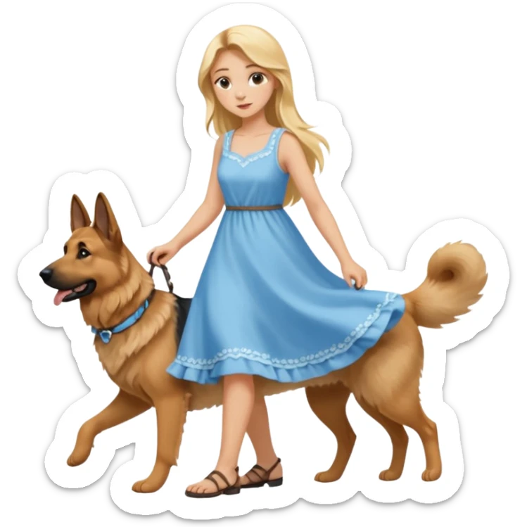 Blonde girl with long hair wearing sky blue summer dress walking her german shepherd sticker