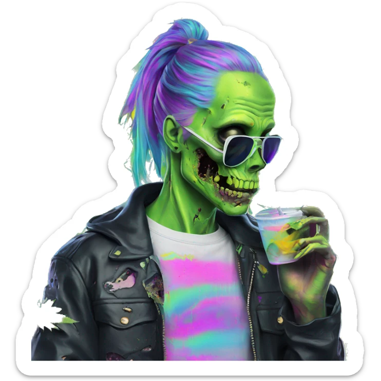 420 .Zombie_ Vaporwave black holographic oilslick zombie unicorn smoking yellow caution tape hemp leaves sticker