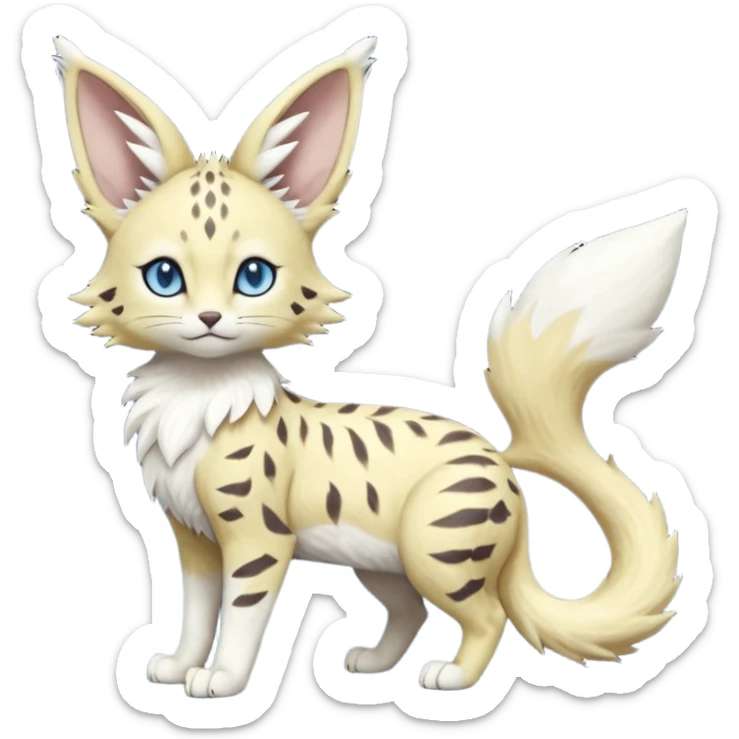 Albino-white, blue-eyed soft realistic romantic vintage antique divine beautiful elegant pretty precious cute young youthful  Fakémon-Pokémon-feline-Zeraora-Jolteon-serval-caracal-chinchilla-Minccino-Cinccino-Meowstic-rodent-hybrid-creature (full body) sticker
