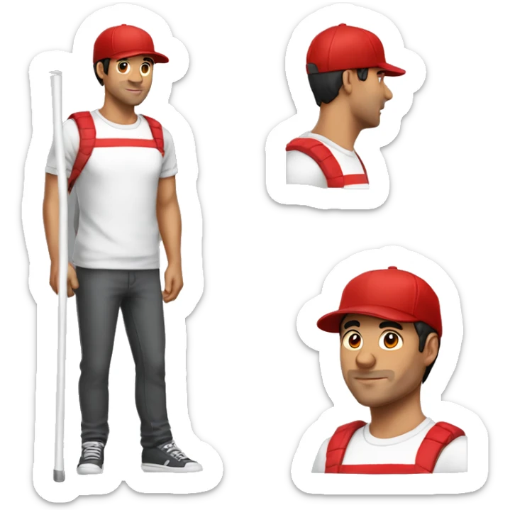 Man, male, young from about 30 to 40 years old, of Latin descent, with red and white T-shirt with vertical canes and a red cap sticker