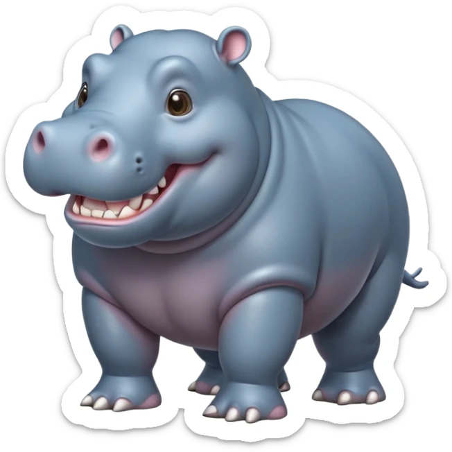 cinematic-hippo-realistic-full-body-side-view-standing-on-all-fours-emoji,-massive-round-frame,-wide-mouthed-grin-exposing-huge-teeth,-head-tilted-dramatically,-thick-greyish blue-hide-glossy, big cute eyes sticker