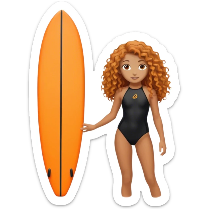Surfer girl with black swimsuit and orange surfboard and long curly hair sticker