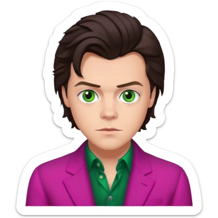 Harry Styles with green eyes, dark brown hair, magenta outfit sticker