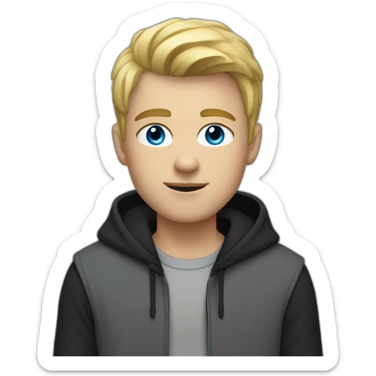 young blond man with gray-blue eyes dressed in a gray hoodie and black vest sticker