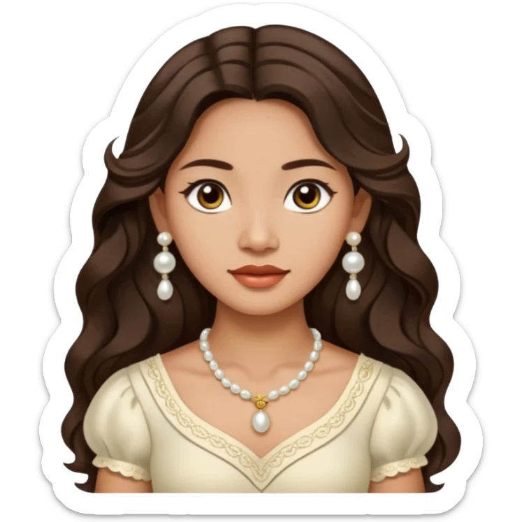 Tan Filipino woman with dark brown eyes and long dark wavy hair parted in the middle wearing a traditional filipiniana and white pearl stud earrings and no other jewelry sticker
