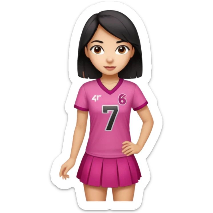 Hawaiian girl with black hair with dark pink highlights in hair with short skirt and jersey shirt number 67 sticker
