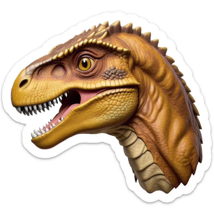 Cinematic Realistic Noble velociraptor/T-rex Portrait Emoji, Poised and imposing, with a massive, muscular build and a rugged, intricately scaled hide in ancient earthy tones, a sharply defined, fearsome head with piercing, primal eyes rendered in lifelike detail, high shine, intelligent and formidable, styled with an air of prehistoric authority, focused and attentive, soft glowing outline, capturing the essence of a watchful and confident velociraptor/T-rex that appears ready to roar out of the screen with timeless power! sticker