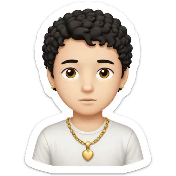 a boy with short black curly hair and brown eyes with white t-shirt and gold jewelry  sticker
