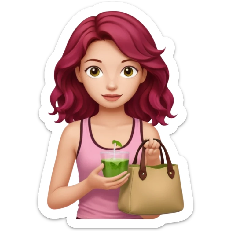a pretty fair bratz girl with wavy dark red hair, wearing a pink tank top , carrying a matcha and a pink bag sticker