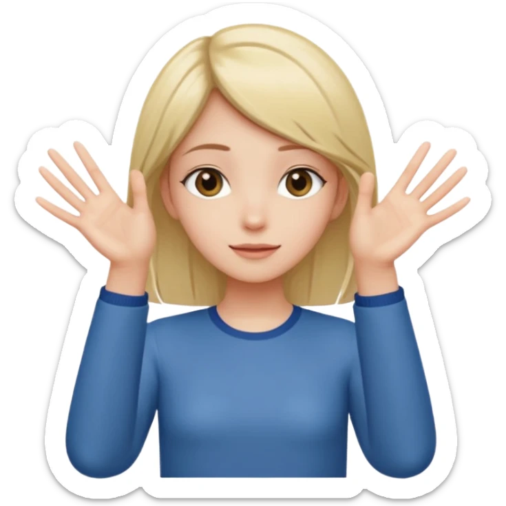 Girl with two hands in front out palms facing upwards and hands in front of her LOWER and her left hand slightly lower than her right hand sticker
