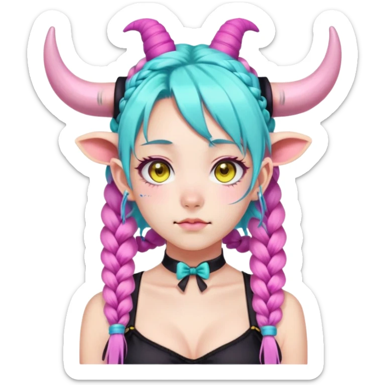 En anime-ku-jente med to rosa lange tykke fletter og cyan striper i håret, ku-horn og ku-ører, sort BH-topp over en gul cropped-fleece-blouse, lilla øyne, søt sløyfe på halsen  sticker