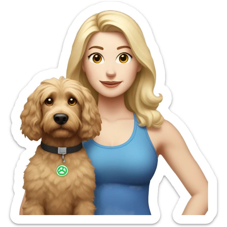 white woman with long blonde hair and cat shaped eyes wearing a yoga outfit standing alongside a tri-colored bernadoodle dog sticker