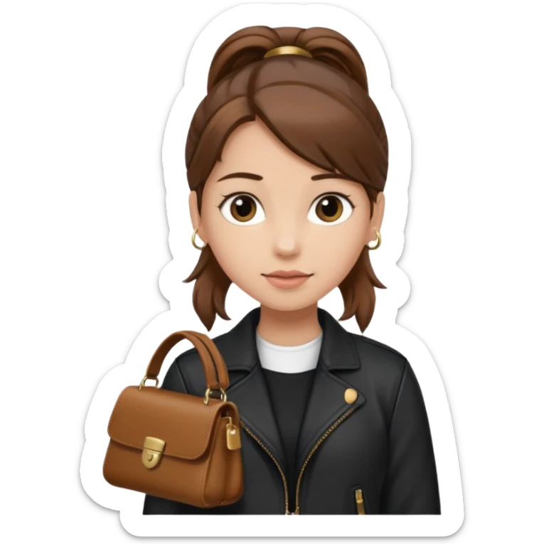 A girl with a pony tail brown hair and white ish skin with a black jacket and a brown purse sticker