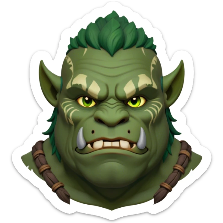 Cinematic Noble Ogre Portrait Emoji, Majestic and imposing, with a rugged, muscular form in deep earthy greens and browns, adorned with battle scars and subtle tribal markings, exuding calm, noble strength and unexpected wisdom, simplified yet strikingly detailed, glowing with a shadowy outline that captures the essence of a gentle giant with fierce heart! sticker