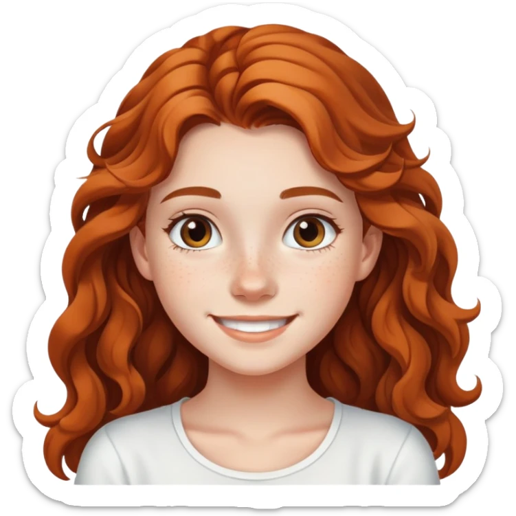 smiling teenage girl with long wavy hair, freckles, white top sticker