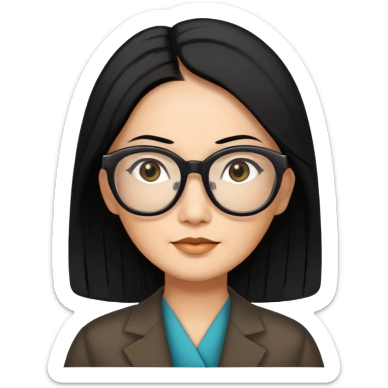 50 yr old asian woman, straight thick long black hair, big black, side part, big glasses sticker