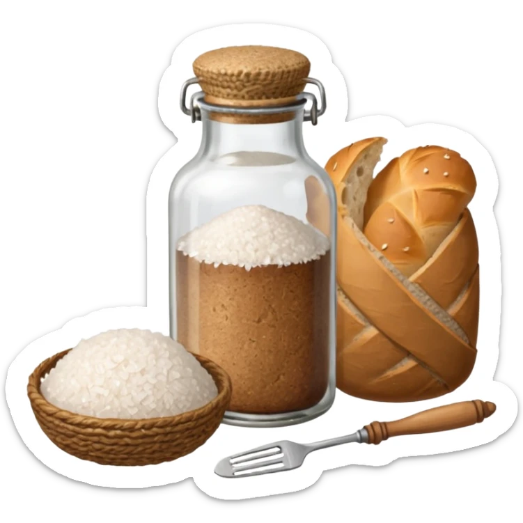 a one victorian bottle of salt and a loaf of bread - crochet needles and a ball of wool sticker