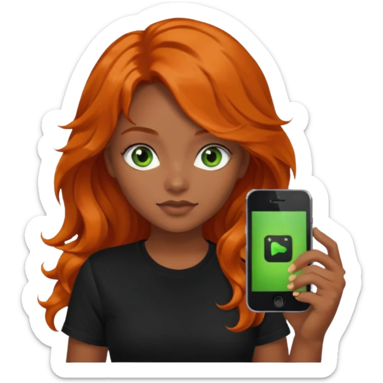 Girl with dark long orange wavy hair, green eyes, and black t-shirt and phone with black  app on hand sticker