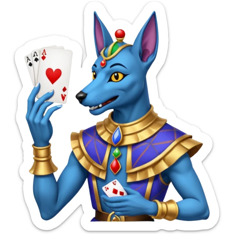 crazy colorful anubi jolly joker from poker, medieval, vintage, court jester, mac os icon, blue color, holds a single poker card on the right paw sticker