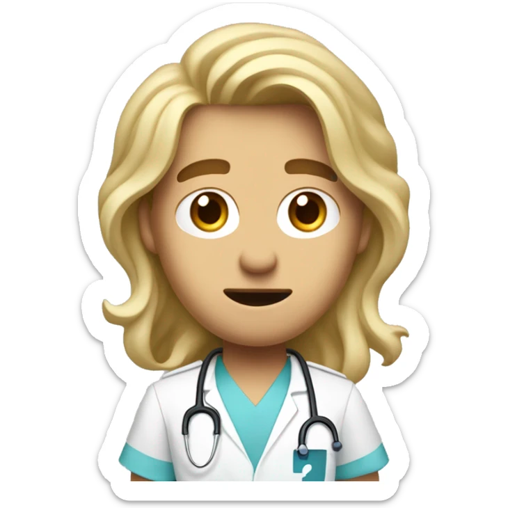 A handsome young male nurse with long, wavy dirty-blonde hair cascading down past his shoulders looks clueless and afraid with a question mark  sticker