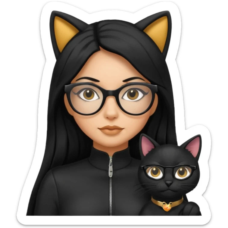 Hispanic woman with long silky hair and glasses in a cat suit sticker