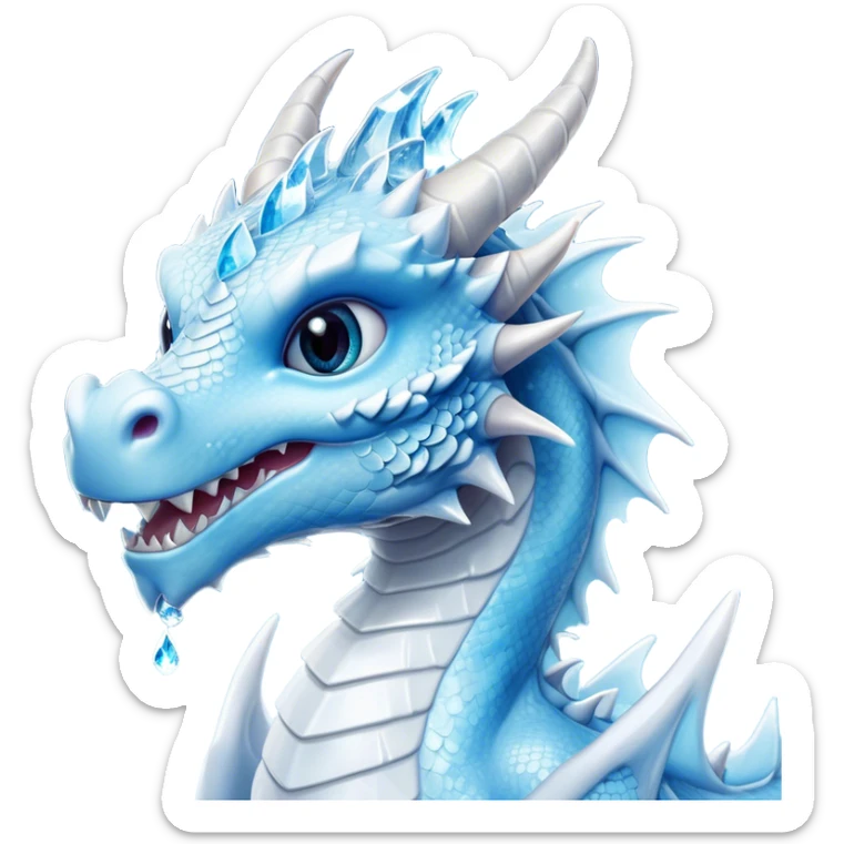 Cinematic Cute Beautiful Ice Dragon Portrait Emoji, Head tilted playfully and inquisitively, featuring a sleek, glacial form with intricately detailed, frost-kissed scales in shimmering blues and sparkling silver, accented by delicate ice crystal patterns and a gentle, enchanting glow; rendered with lifelike clarity and soft, natural light, high shine, charming and cool, styled with a touch of wintry fantasy, soft glowing outline, capturing the essence of a mischievous yet endearing ice guardian poised to twirl playfully into your dreams! sticker