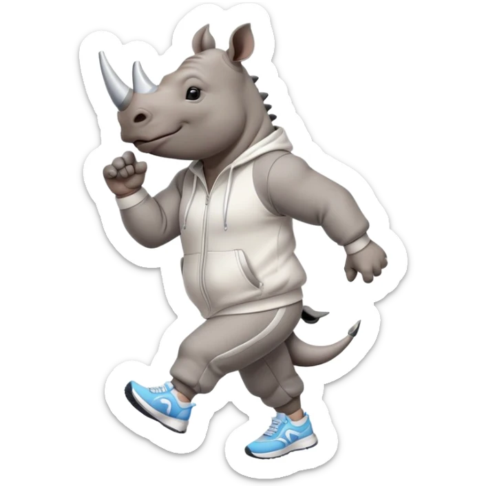 friendly anthropomorphised rhino jogging upright, wearing a sporty tracksuit and sneakers, dark sunglasses, standard pose sticker