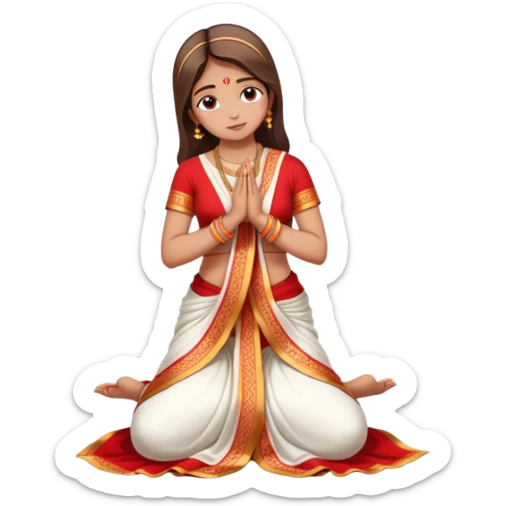 Full body Bengali girl wearing traditional red and white saree with hands joined in prayer position sticker
