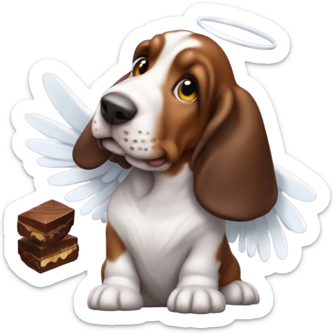 Basset hound with angel wings eating a box of chocolates, with chocolate around his mouth  sticker