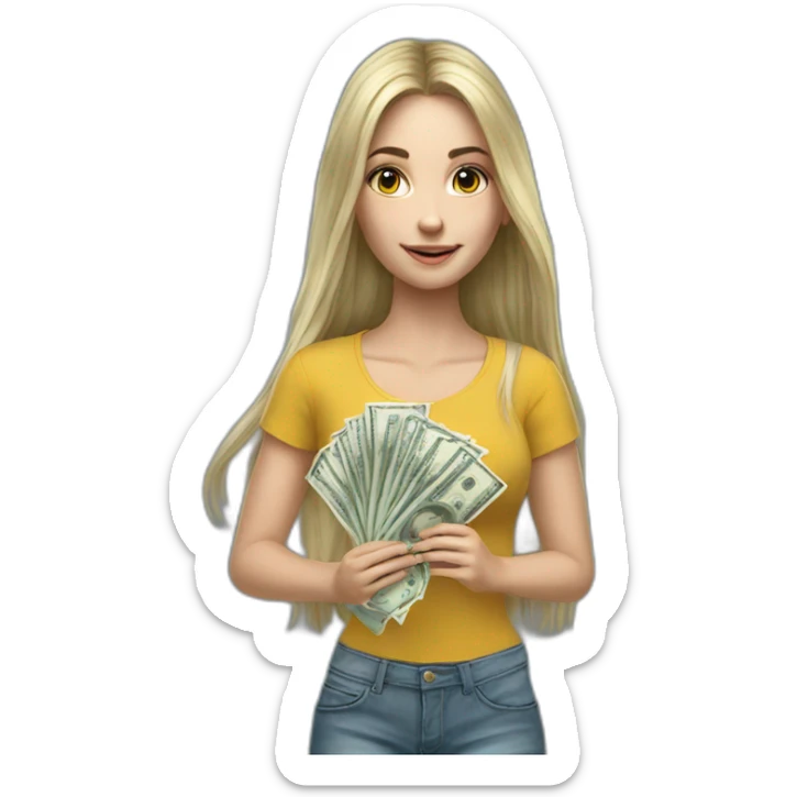 hyperrealist caucasian girl black long hair holding money sticker