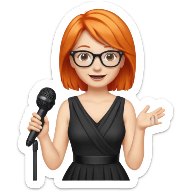 singer, Middle age, orange hair, happy, holding mic, wearing dress, glasses sticker