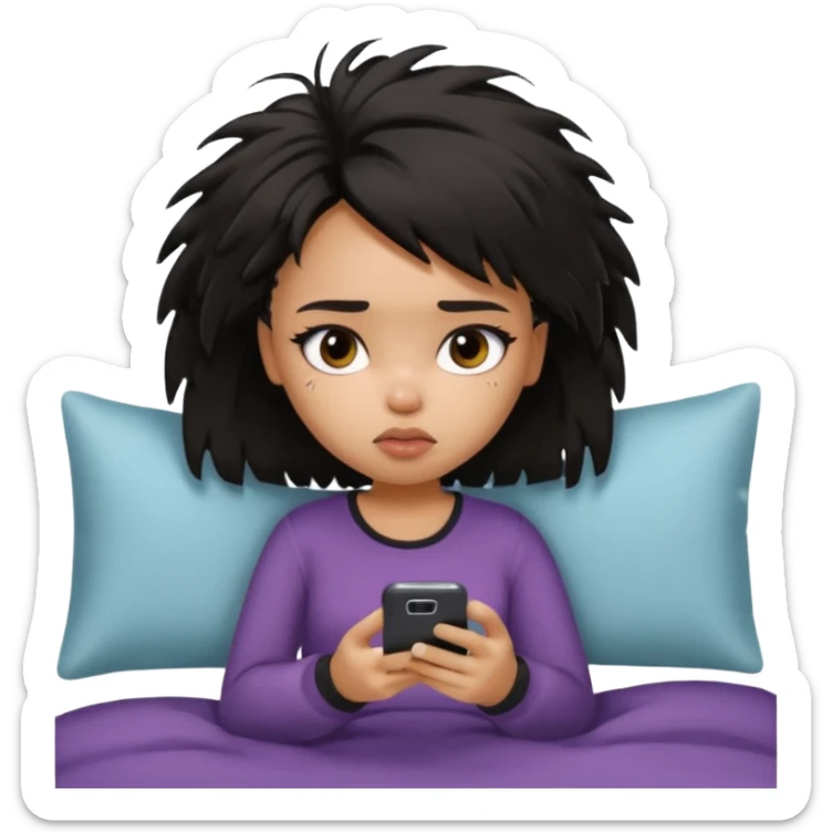 generate a pretty bratz girl with short black messy bed hair, looking tired and using her phone sticker