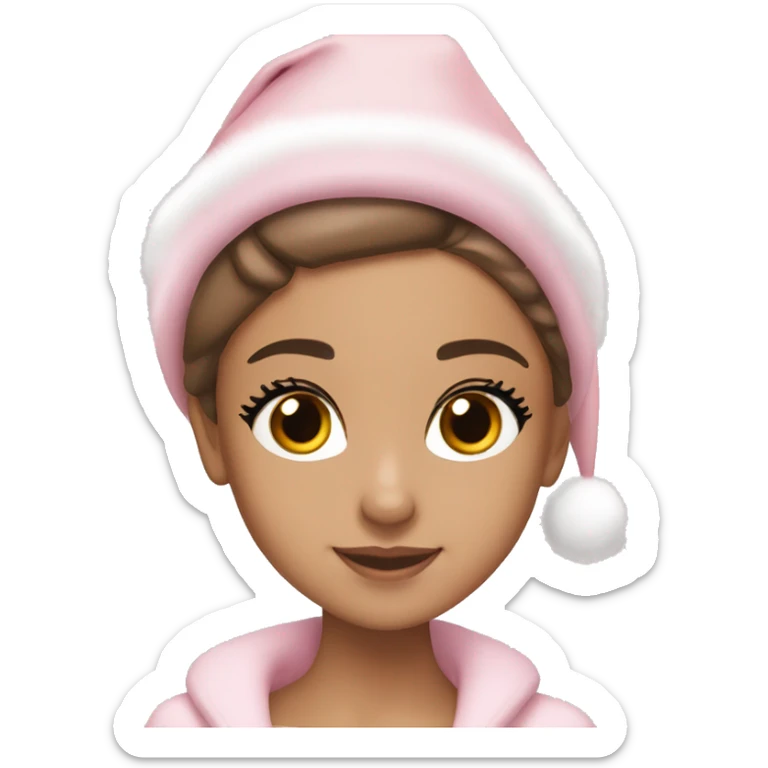 Ariana grande in a light pink christmas outfit wearing a light pink christmas hat sticker