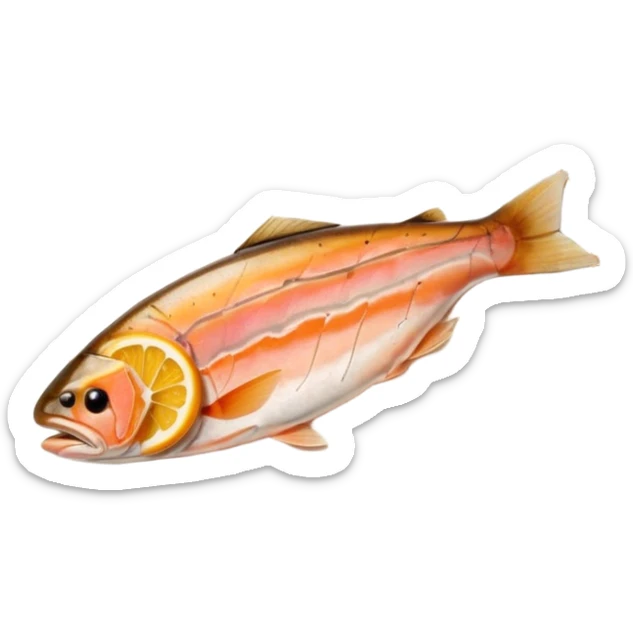 single slice of smoked trout, soft orange-pink hue, delicate marbling, translucent and slightly glossy texture, thin and naturally irregular with subtle folds and gently curved edges, no garnish, plate, or extras, soft lighting, subtle shadows, emoji scale sticker