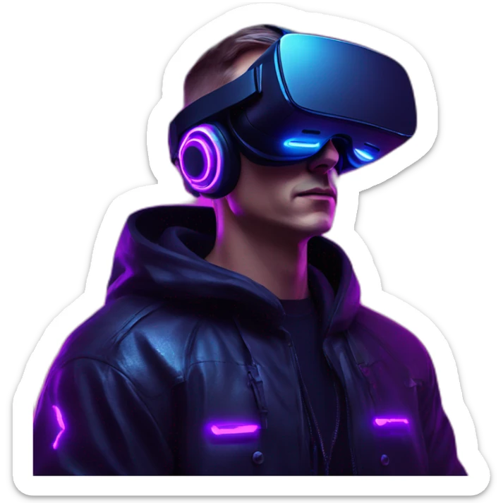 Russian man wearing a black hoodie with "OMG" letters on it and VR headset in a cyberpunk VR environment with violet neon lighting. sticker