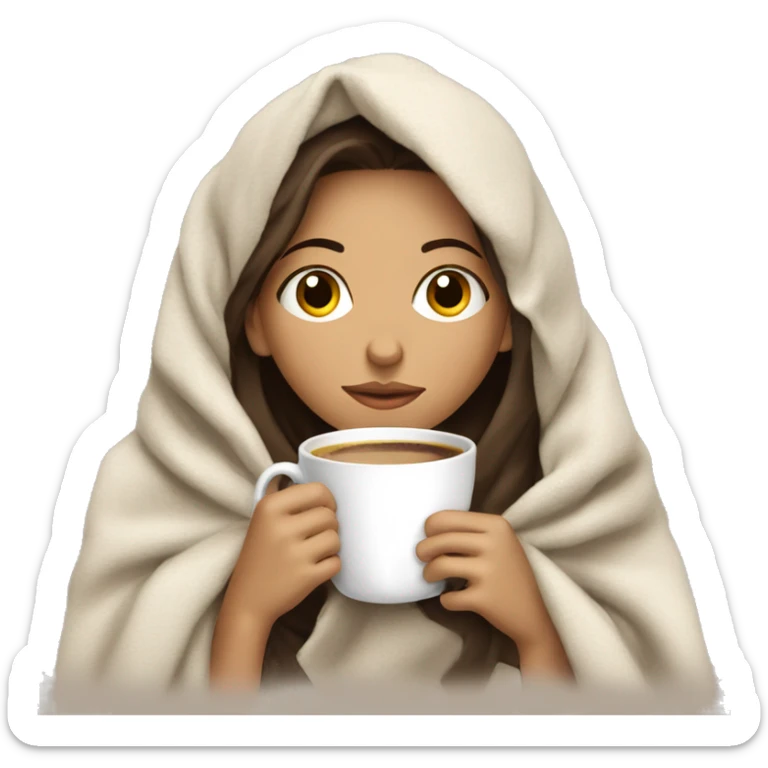 girl inside a blanket sipping coffee eyes closed, brunette with fair skin sticker