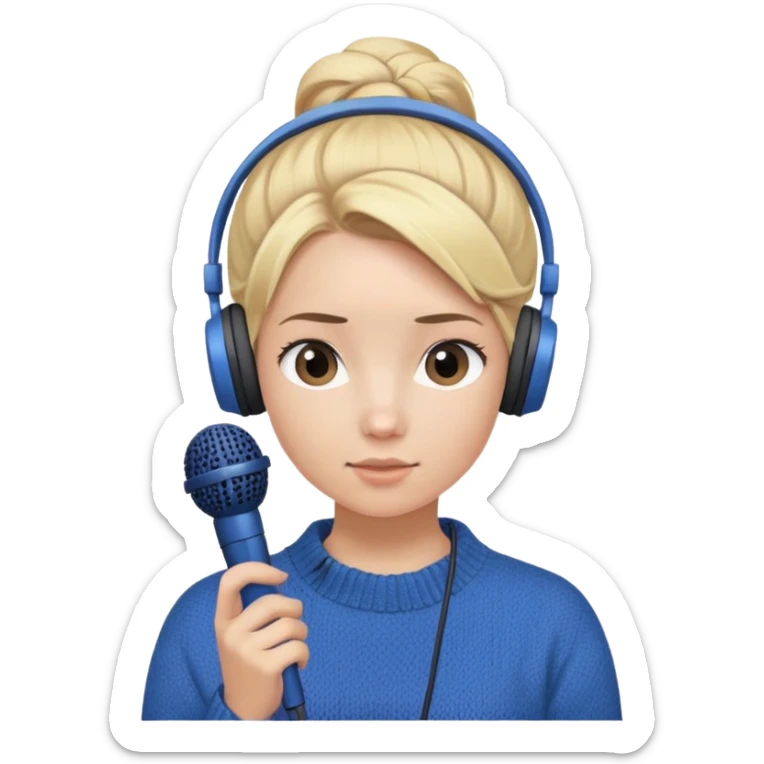 a girl with blue knitwear with a blonde hair
bun and her job is a podcaster (recording microphone in front of her face and a headphone in her head) sticker