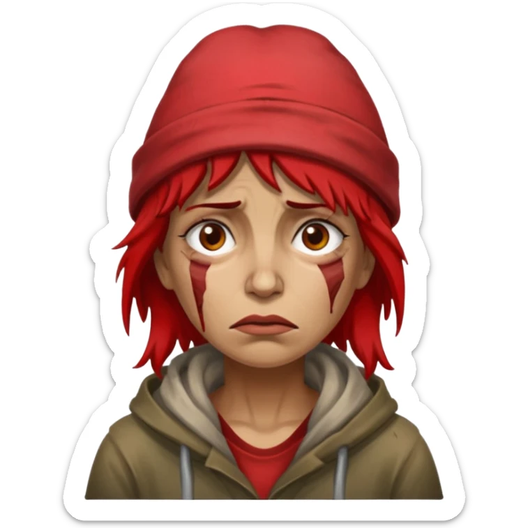 very dirty looking homeless woman with ripped red hat with ugly hair sticker