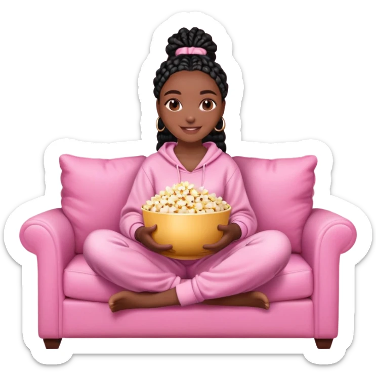 A dark-skinned Black woman with black box braids, holding a large bowl of popcorn in her lap, smiling, wearing comfy loungewear sitting on pink couch. sticker