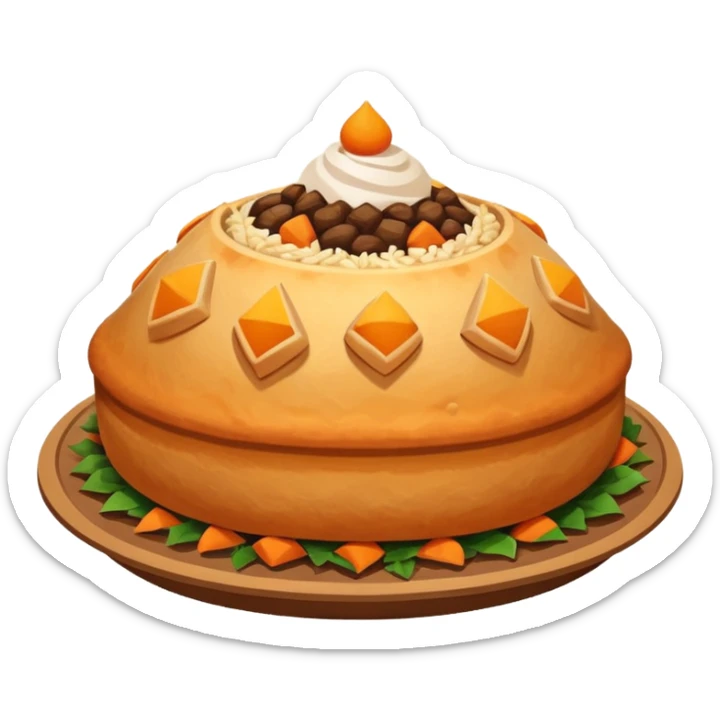 Uzbek cuisine humanless avatar in bright illustration. Classic dishes like plov and samsa, warm golden and earthy tones, simple shapes, flat design, high contrast, friendly and appetizing. sticker