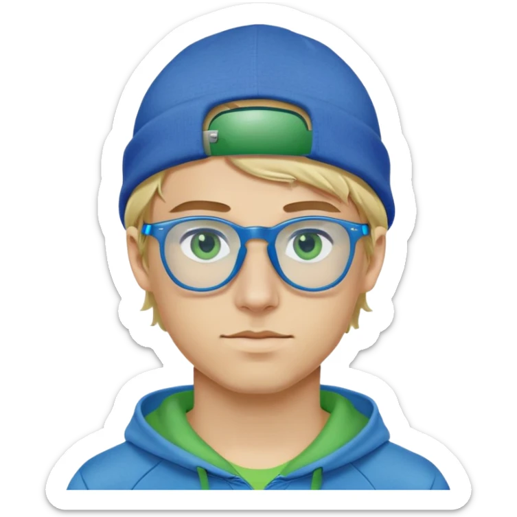 Blond hair guy with a blue hat, blue hoodie, Oakley glasses with green on the sides , blue eyes sticker