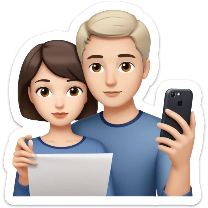 woman taking a selfie, short hair and male writing on the paper sticker