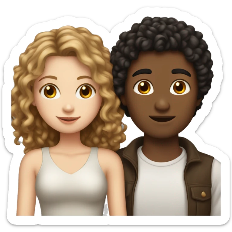 a white girl with brown hair and tan boy with curly black hair kissing  sticker