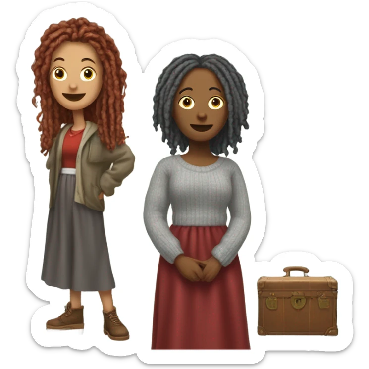 One woman with gray locs wearing pants , other woman is brown with red locs in a knee-length dress with a cozy sweater, looking at antique items, shopping in yardsale sticker