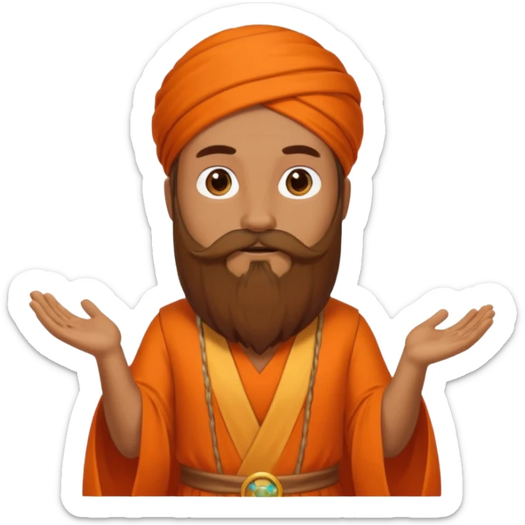 One astrologer sitting in orange color dress looking like a learned person, having beard sticker