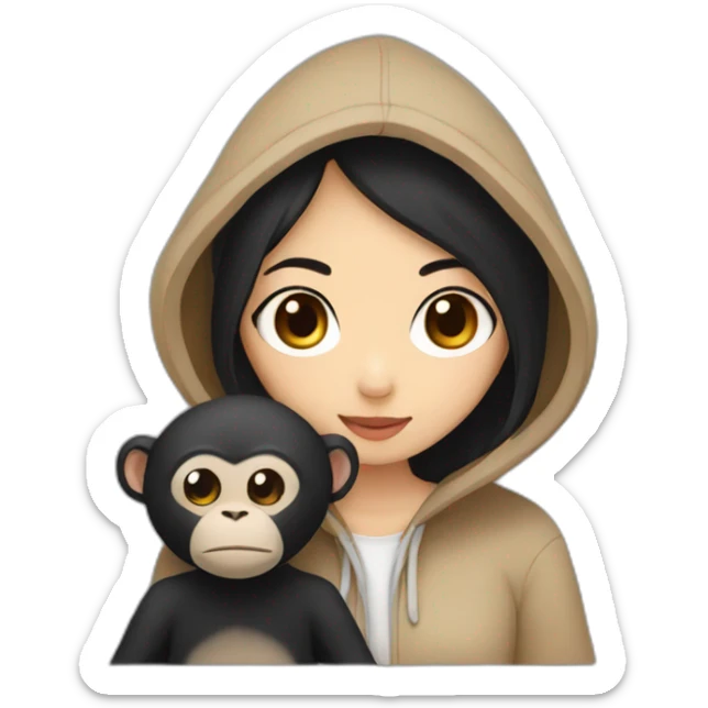 Asian girl with brown eyes and black hair and a hoodie cuddling a monkey sticker