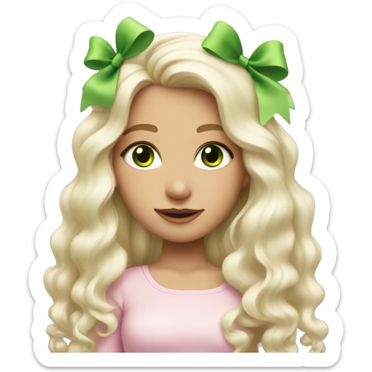 pale blonde girl with long platinum white wavy hair with bright green eyes and wearing a light pink hair bow  sticker
