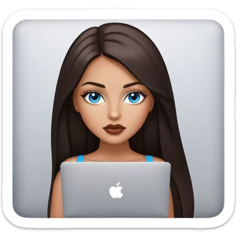 Glamours tanned very beautiful girl with pump lips and dark chocolate straight smooth long hair, blue-grey eyes with MacBook sticker